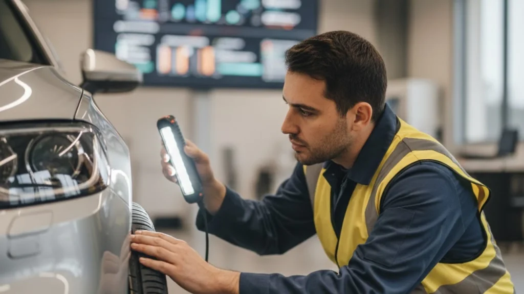 Contrôleur vérifiant feux et pneus avant un contrôle technique à Gigean