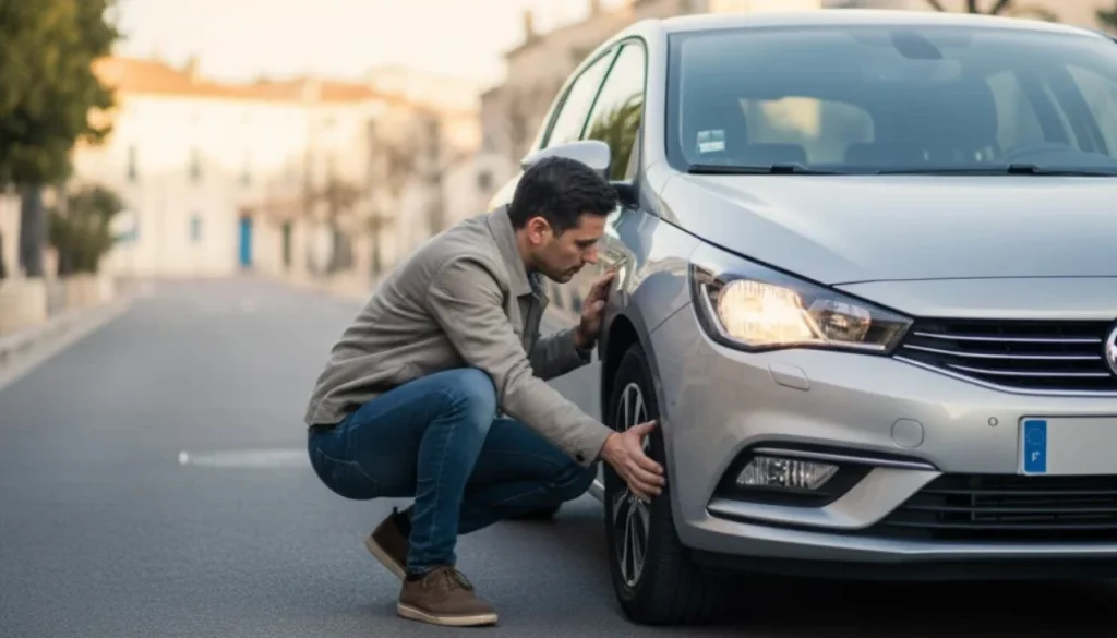 Automobiliste vérifiant les pneus et les feux de sa voiture avant le contrôle technique à Sète.