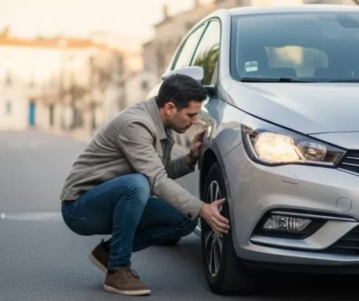Automobiliste vérifiant les pneus et les feux de sa voiture avant le contrôle technique à Sète.