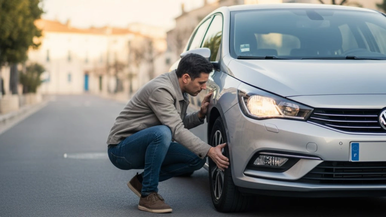Automobiliste vérifiant les pneus et les feux de sa voiture avant le contrôle technique à Sète.