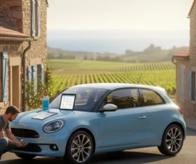 Conducteur qui vérifie les pneus et la checklist avant le contrôle technique à Frontignan