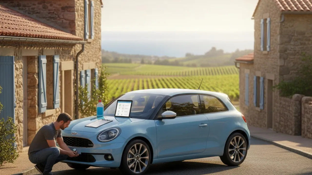 Conducteur qui vérifie les pneus et la checklist avant le contrôle technique à Frontignan