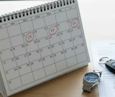 Calendrier, horloge et procès-verbal pour savoir quand faire son contrôle technique à Sète.