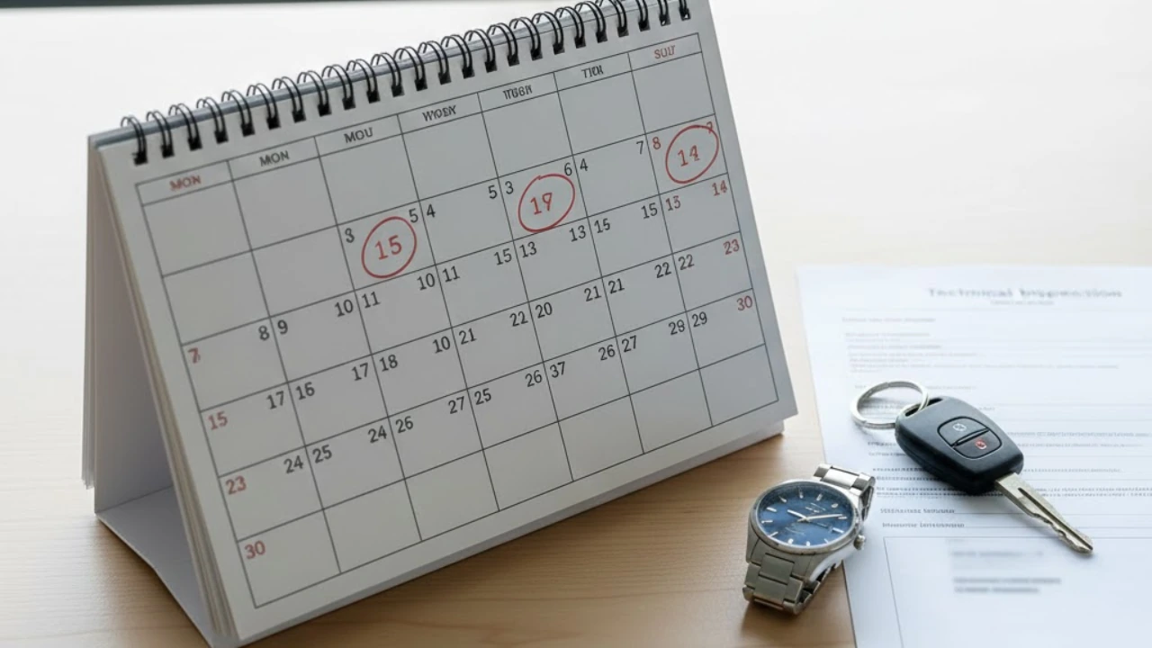 Calendrier, horloge et procès-verbal pour savoir quand faire son contrôle technique à Sète.